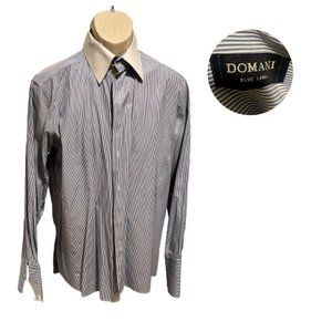 Domani Blue Label Men's French Cuff  Button Up Collared Stripe Long Sleeve Polo